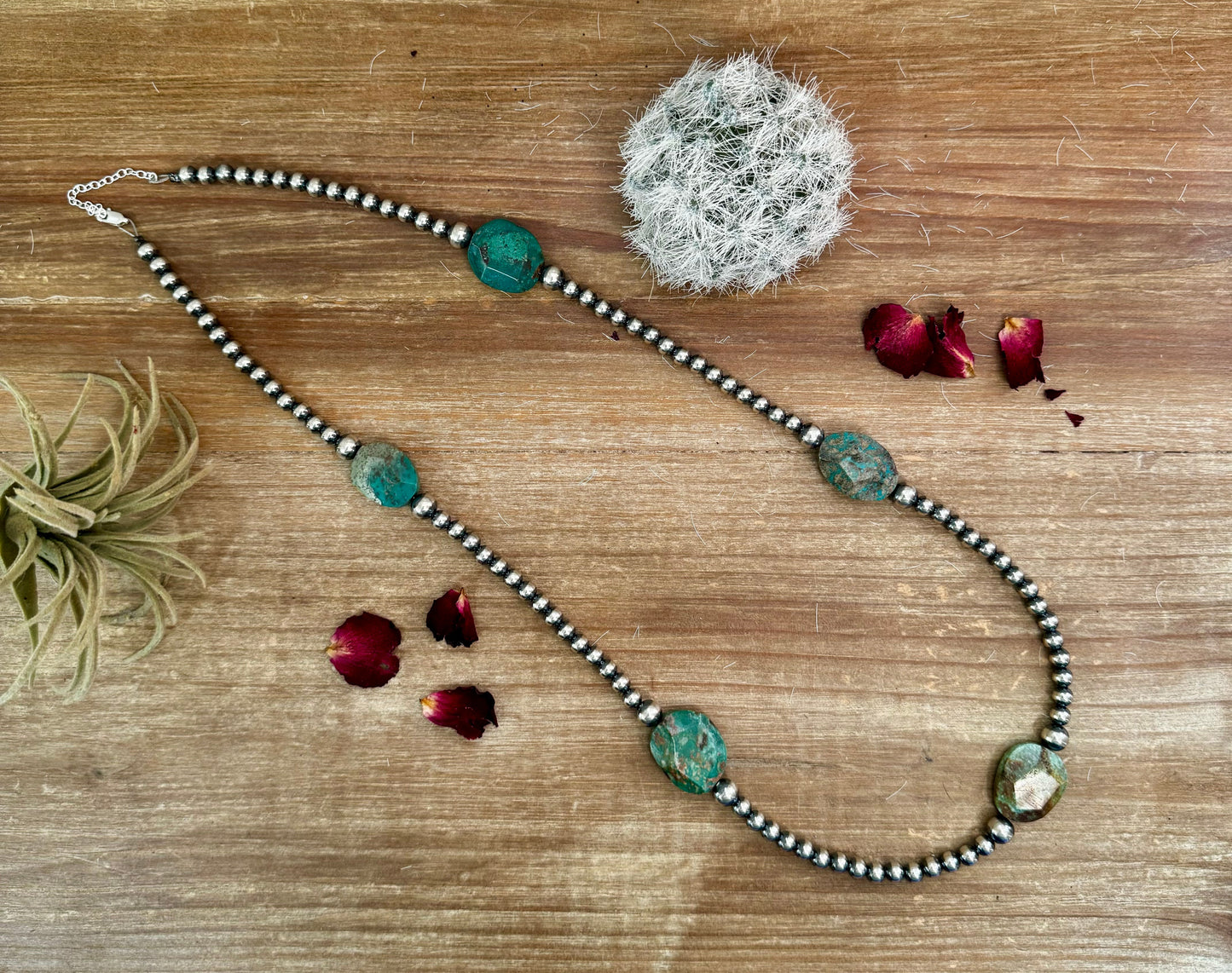 27 inch 6 mm Sterling Silver Pearls necklace with turquoise